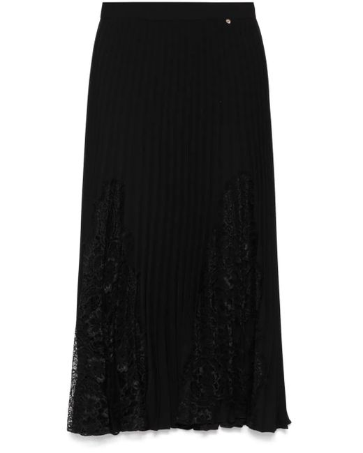 Nissa Black Lace-Insert Pleated Midi Skirt