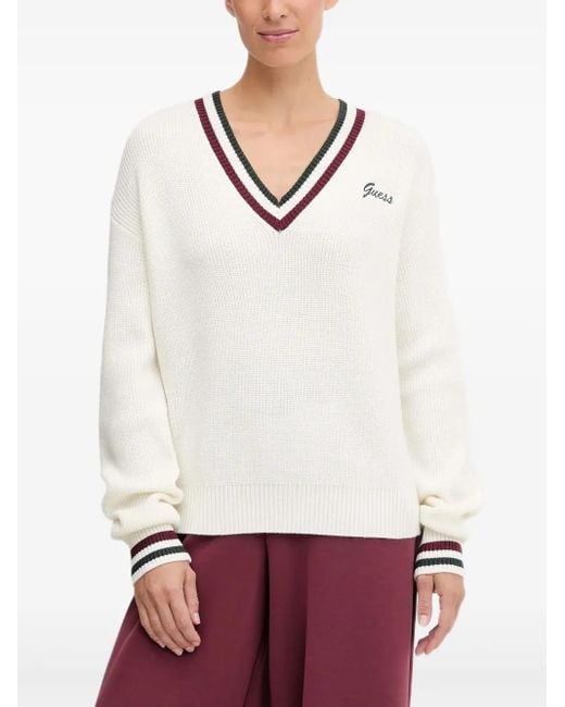 Guess White V-Neck Striped Sweater