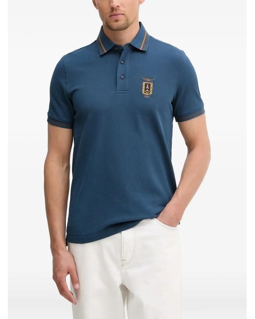 Aeronautica Militare Blue Embroidered-Logo Piqué Polo Shirt for men
