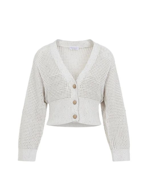 Brunello Cucinelli レディース ホワイト ボタン Vネックカーディガン