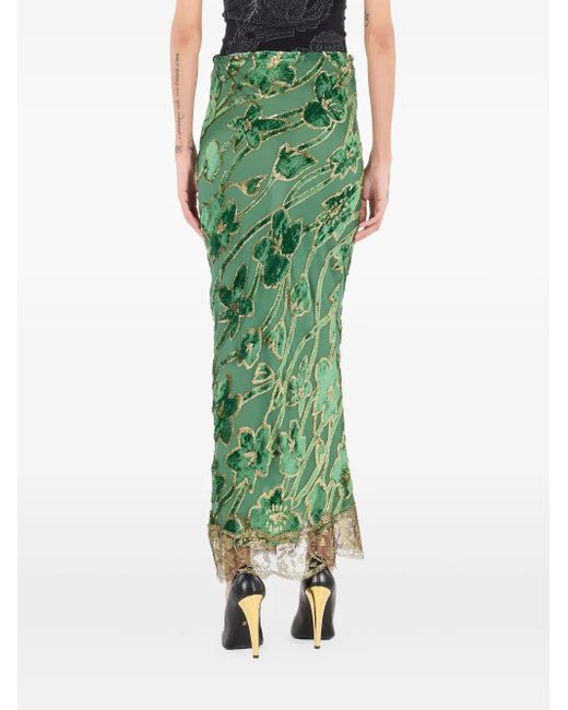 Roberto Cavalli Green Langer Samtrock Mit Blumen-Spitzenbesatz