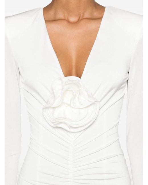 Nissa White Rose-appliqué Ruched Maxi Dress