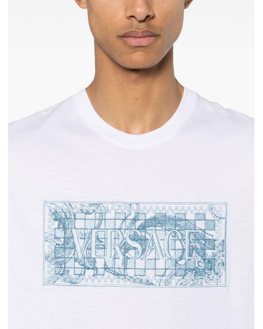 Versace White Logo-embroidered Cotton T-shirt for men