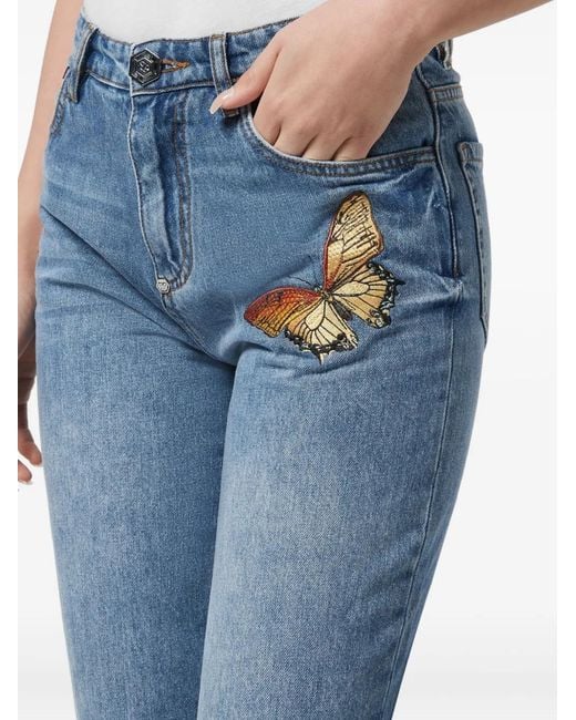 Philipp Plein Blue Butterfly-Embroidered Jeans