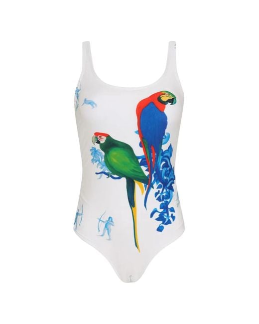 Amir Slama White Parrot-Print Swimsuit