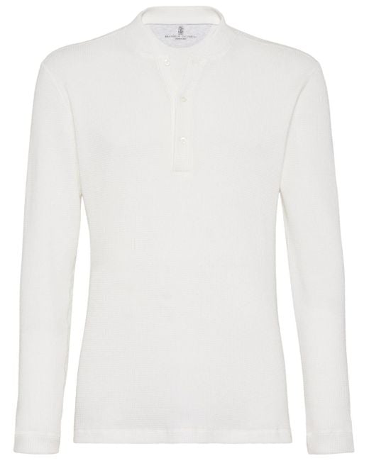 Brunello Cucinelli White Waffle-knit Cotton Henley T-shirt for men