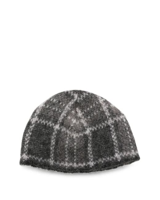 Our Legacy Gray Check-Pattern Beanie Hat for men