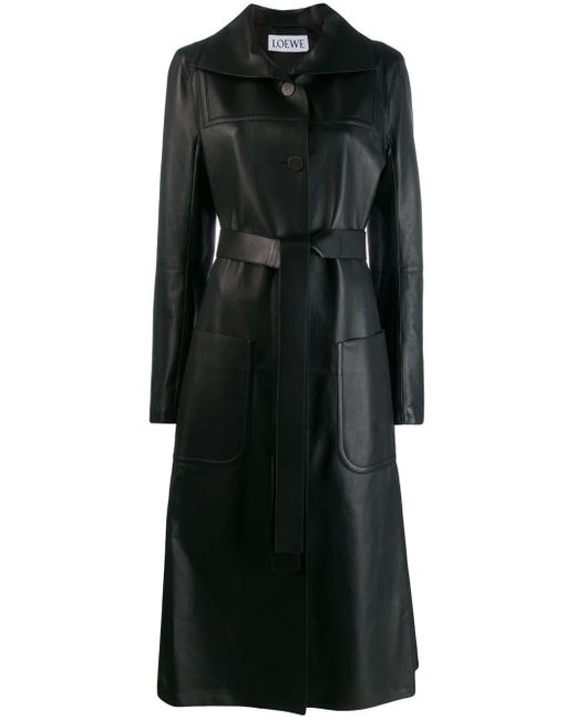 Loewe Black Leather Belted Long Coat