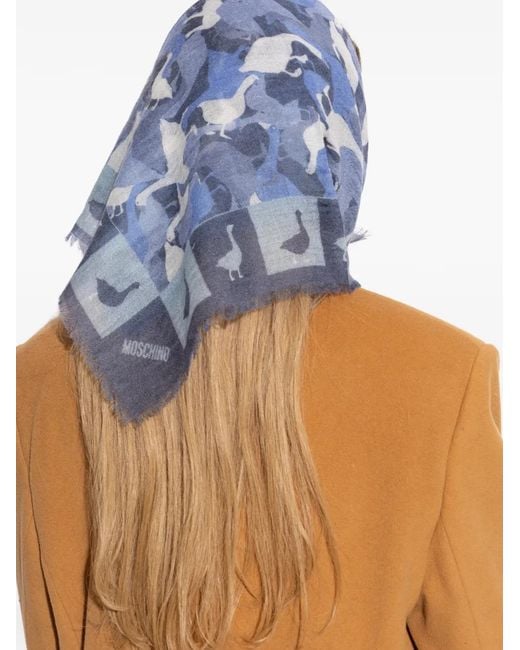 Moschino Blue Duck-Print Frayed-Trim Cashmere Scarf
