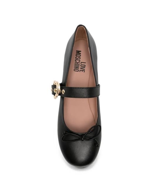 Love Moschino White Buckle-Strap Bow-Detail Ballet Flats