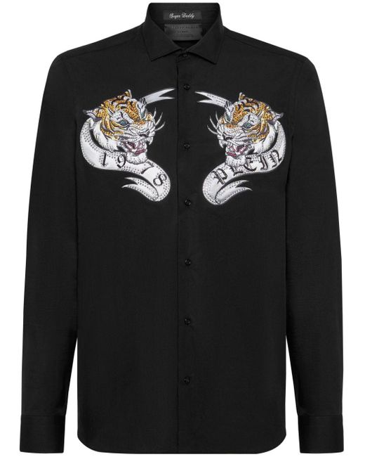Philipp Plein Kristallverziertes Hemd mit Tiger-Print in Black für Herren