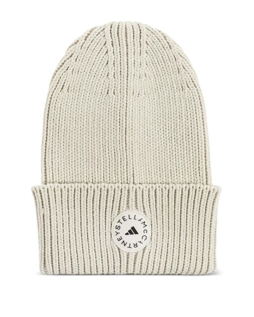 Adidas By Stella McCartney White Logo-Patch Ribbed Beanie