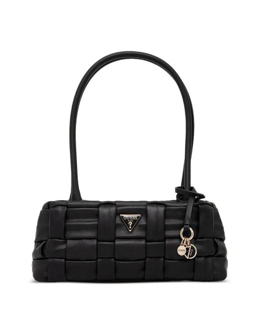 Guess Black Marion Woven Charm Tote Bag