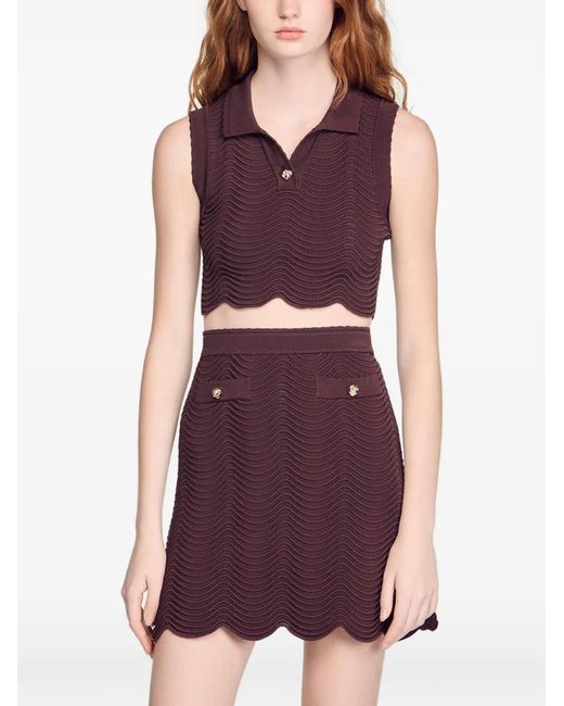 Sandro Brown Scalloped-Hem Single-Button Top