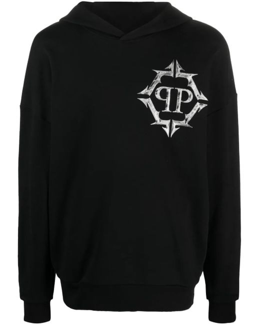 Philipp Plein Black Chrome Logo-Print Hoodie for men