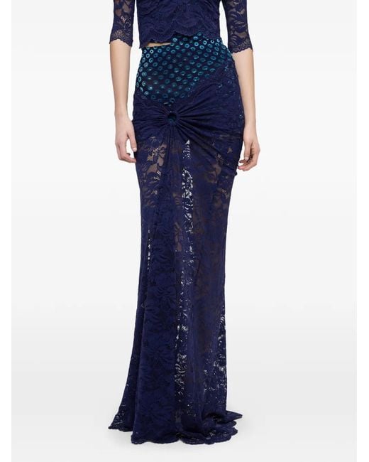 Rabanne Blue Trompe-L'Œil-Effect Lace Maxi Skirt