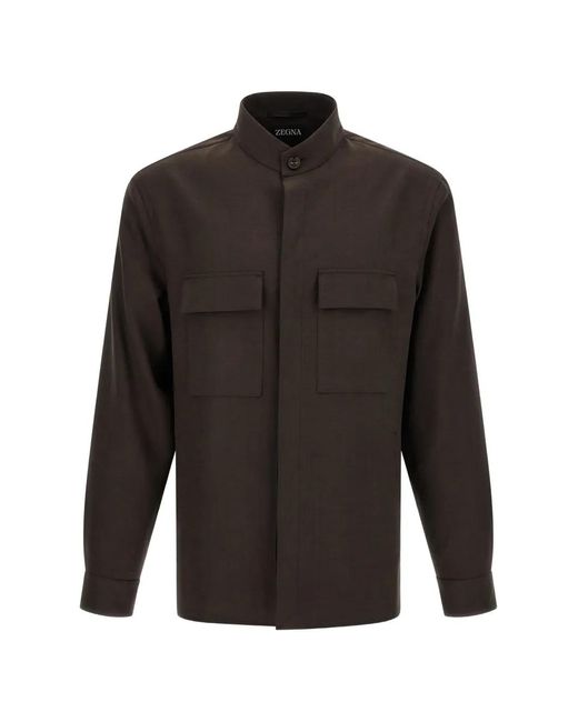 Zegna Black Oasi Lino Mandarin-Collar Overshirt for men