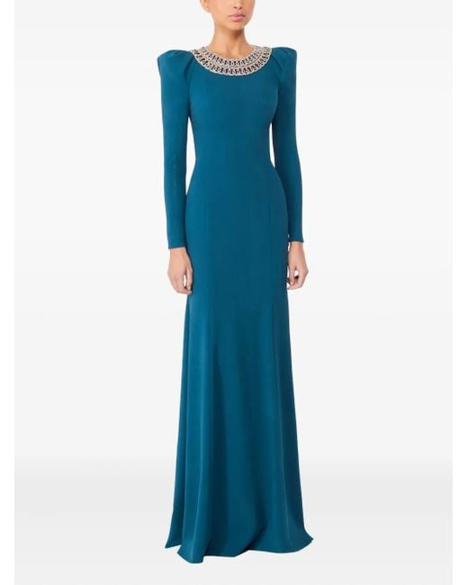 Jenny Packham Women's Blue Embellished-Neck Puff-Shoulders Maxi Dress
