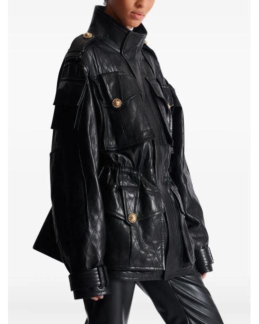 Balmain ダイヤステッチ レザーパーカーコート Black