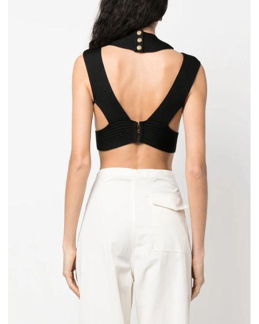 Balmain Black Cut-Out Ribbed Cropped Top