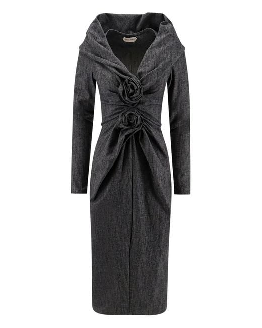 Alberta Ferretti Black Ruffled Long-Sleeve Midi Dress
