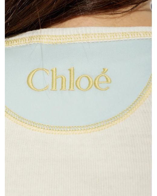 Chloé White Contrast-Stitch Button-Placket Long-Sleeve Top