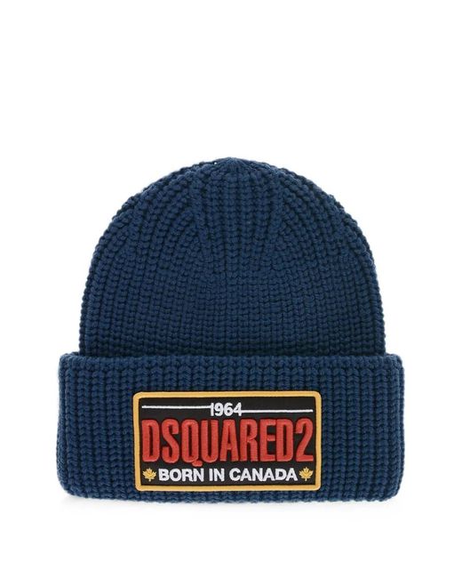 DSquared² Blue Logo-Patch Beanie Hat for men