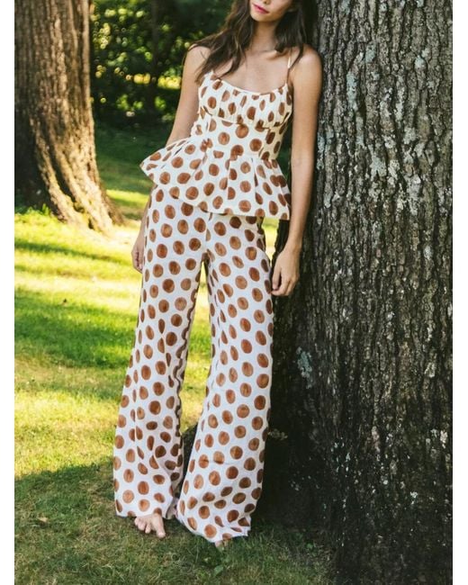 Cara Cara White Sunflower Polka-Dot-Pattern Trousers