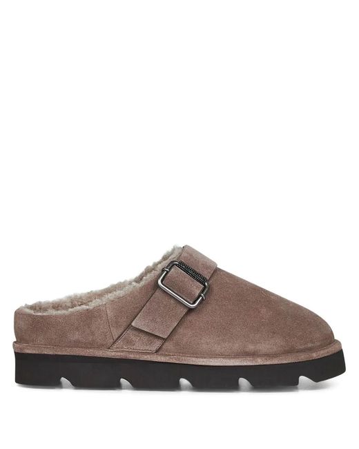 Brunello Cucinelli Brown Shiny Detail Shearling-Lined Suede Mules