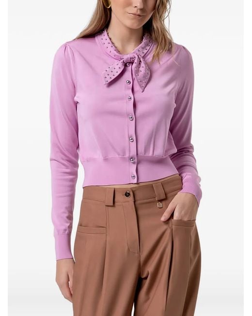 Fracomina Purple Stud-Embellished Bow-Tie Cardigan