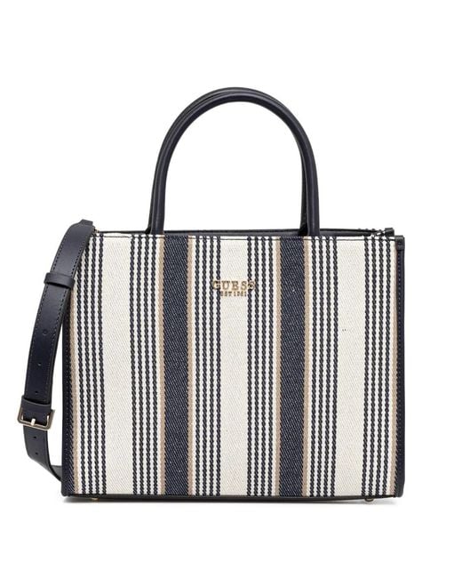 Guess Black Nicolette Striped Top-Zip Tote Bag