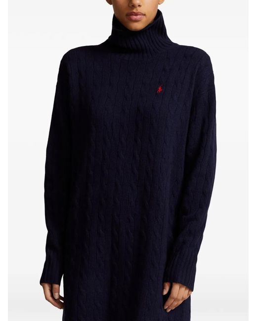 Polo Ralph Lauren Blue Robe Midi En Maille Torsadée À Col Roulé