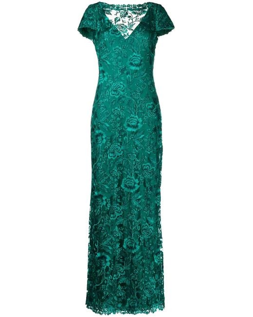 Tadashi Shoji Green Oran Embroidered Tulle Floor-Length Gown