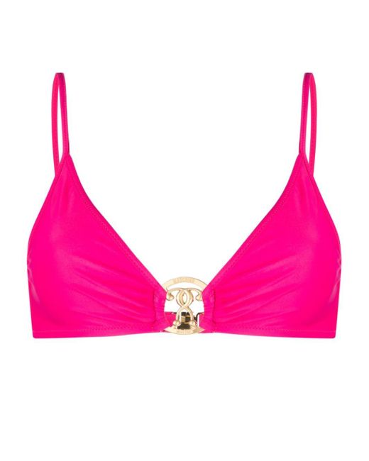 Moschino Pink Logo Plaque Ruched Bikini Top