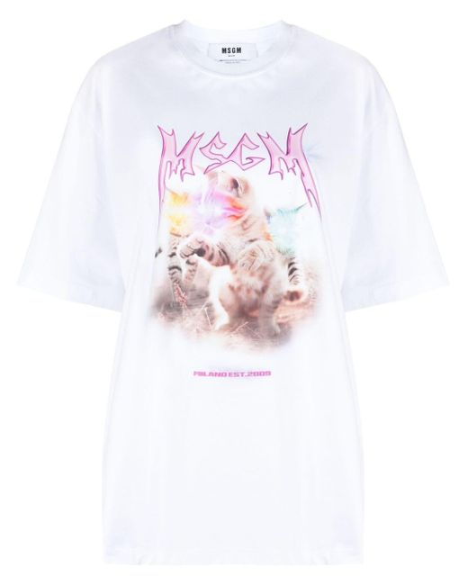 MSGM White Crew Neck Graphic-print Cotton T-shirt