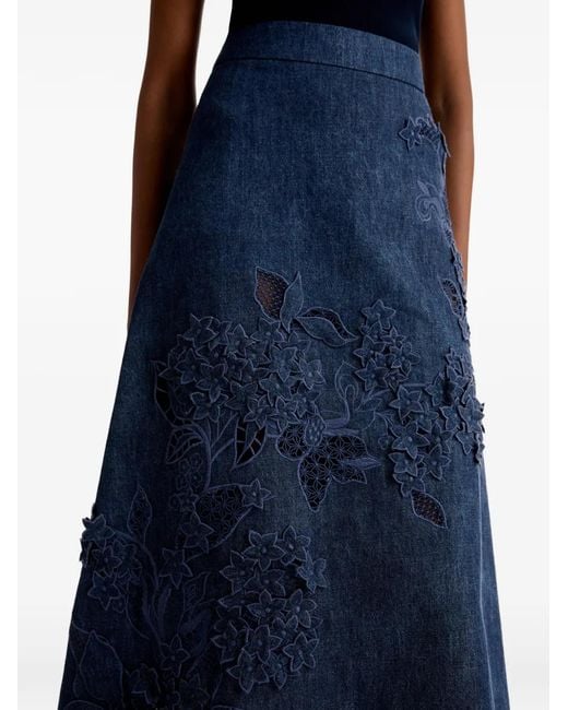 Oscar de la Renta Blue Porcelain-Flower Cutout-Detail Midi Skirt