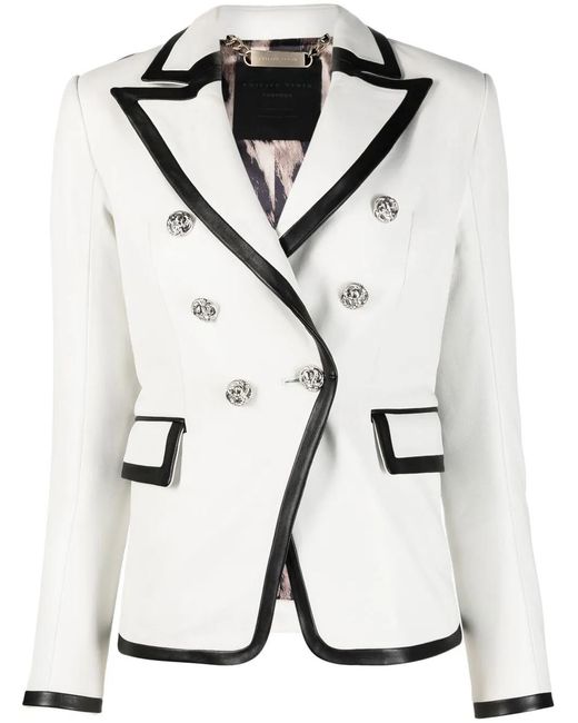 Philipp Plein White Two-Tone Leather Blazer