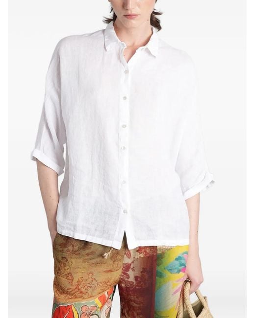 120% Lino White Three-Quarter Sleeves Shirt