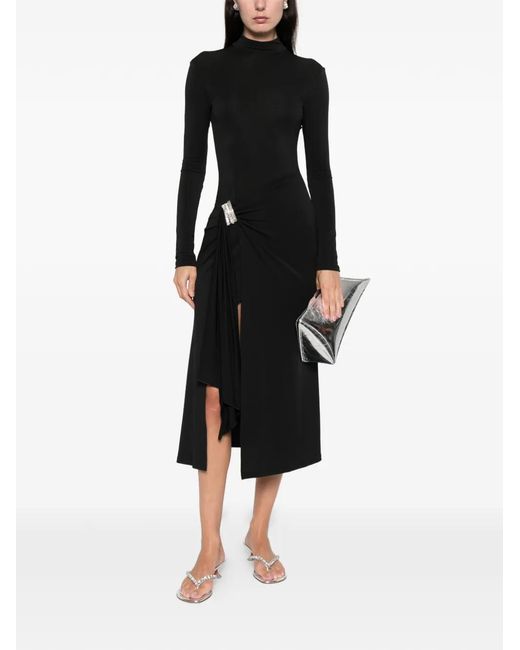 David Koma Black Embellished Draped Midi Dress