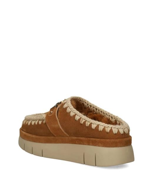 Mou Brown Logo-Lettering Whipstitch-Trim Mules