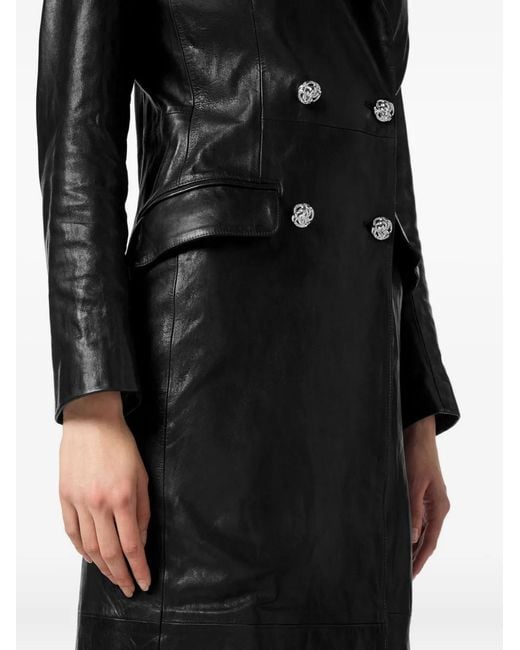 Philipp Plein Black Double-Breasted Leather Coat