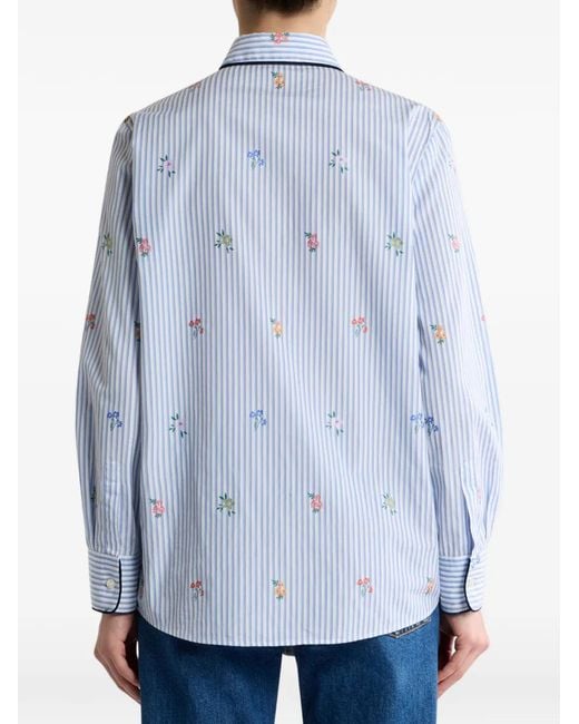 Etro Blue Striped Cotton Jacquard Shirt With Trim And Fil Coupé Flower Motif