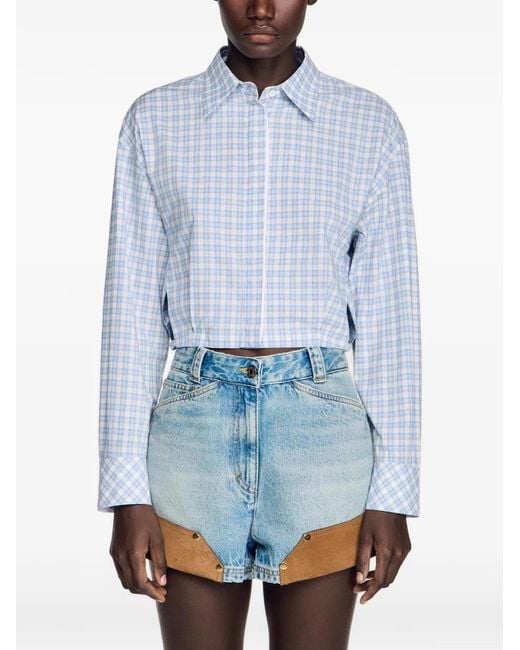 Sandro Blue Cropped Checked Shirt