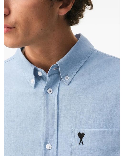 AMI Blue Long Sleeve Boxy Shirt With Button Down Collar And Embroidered Adc for men
