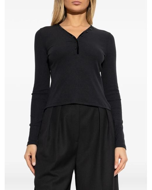 FRAME Black Button Ribbed Top