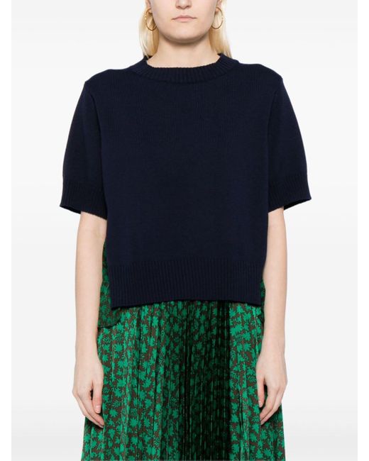 Sacai Blue Printed-panel Ribbed Knitted Top