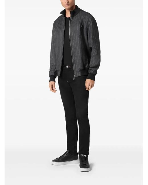 Philipp Plein Black Pinstriped Bomber Jacket for men