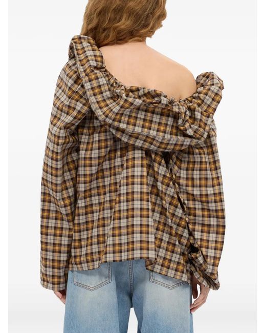 MSGM Brown Ruffled-Detail Plaid-Pattern Blouse