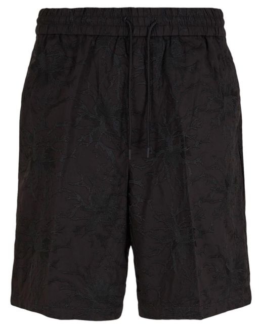 Emporio Armani Black Embroidered Cotton Track Shorts for men