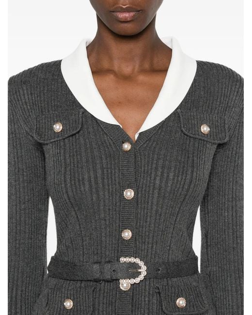 Self-Portrait Gray Belted Ribbed-Knit Midi Dress